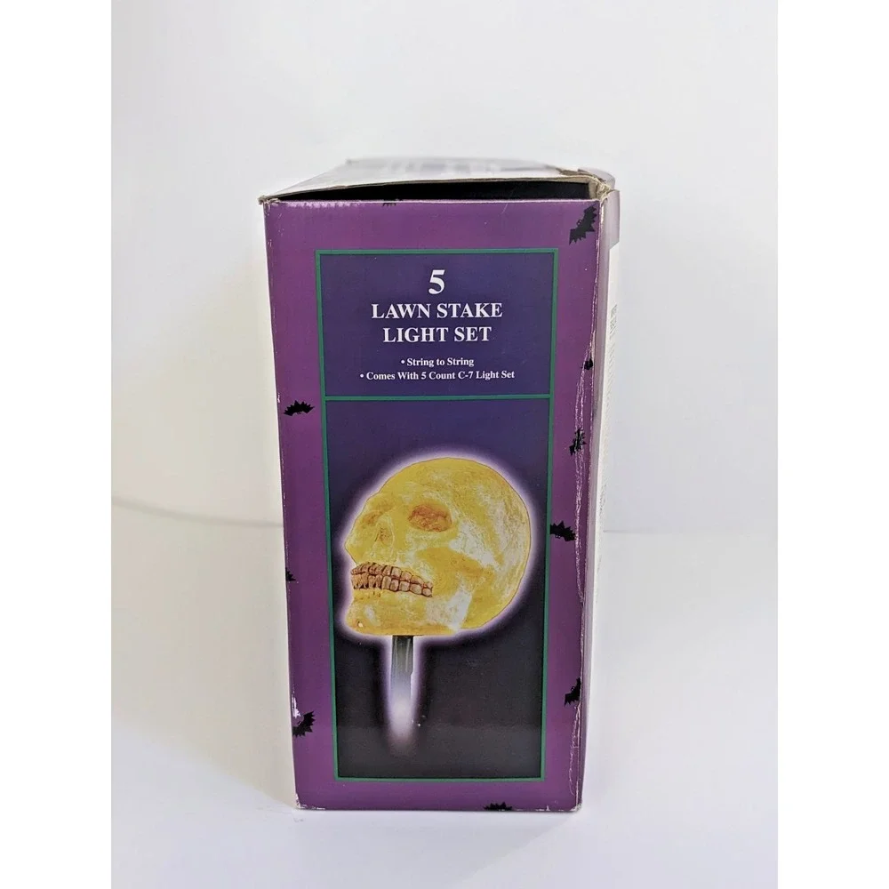 Vintage Halloween Skull Lawn Stake Lights Set of 5 Outdoor Yard Path Lights C7‎